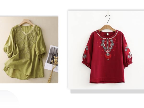 Mexican Embroidered Tees for Women, Women''s Ethnic Style Tops Summer Short Sleeve Boho Blouses