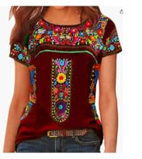 Mexican Embroidered Shirt for Women Summer Short Sleeve Ethnic Style Tops Boho Floral Print Tunic