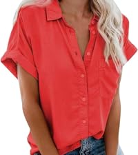 Women Short Sleeve Button Down Shirts 2023 Summer Fashion Solid Color Tops with Pockets  Blouses