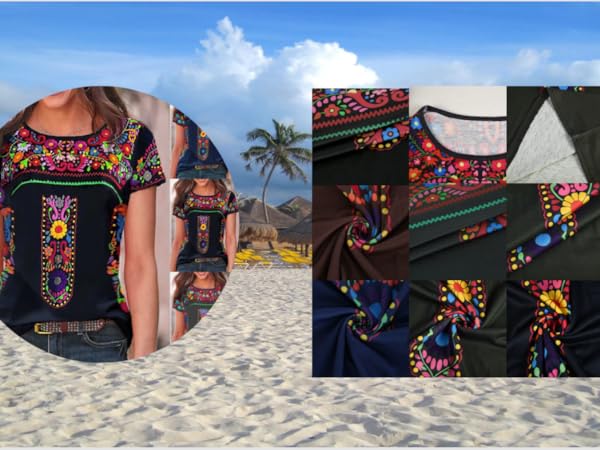 Women''s Mexican Embroidered Shirt Ladies Ethnic Style Tops Summer Short Sleeve Boho Tunics Blouse