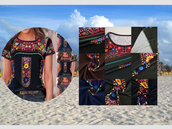 Ladies Mexican Embroidered Ethnic Style Tops Summer Short Sleeve Boho Floral Print Tees Blouses