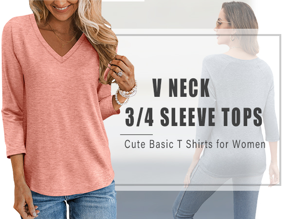 Women&#39;s V Neck 3/4 Sleeve Tops Casual T Shirts Basic Summer Tees Loose Fit Fall Pullover Tunic