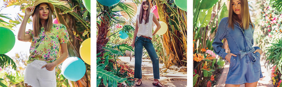 Kut From Kloth Models wearing denim jumper, floral blouse, and full length jeans.