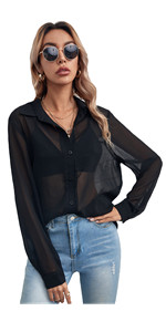 Button Front Long Sleeve Mesh Shirt See Through Sheer Blouse Tops