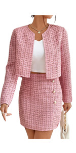 2 Piece Outfits Plaid Tweed Blazer Long Sleeve Jacket and Skirt Set