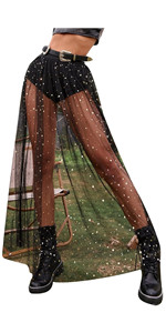 2 in 1 Sheer Mesh High Waist Galaxy Print A Line Maxi Skirt