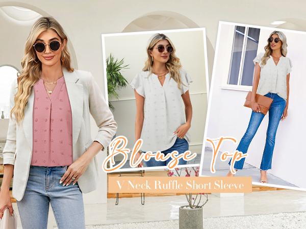 womens white blouse v neck ruffle sleeve shirts summer tops dressy blouse chiffon work office