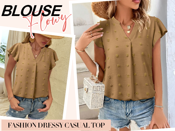 women''s dressy casual blouses business work tops short sleeve pleated shirts 2024 summer outfits