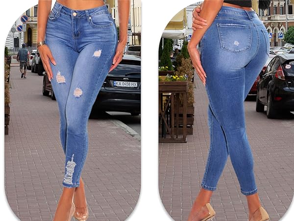 Women''s Skinny Stretch Jeans Frayed Raw Hem Slim Fit Jeans Ripped Denim Pants