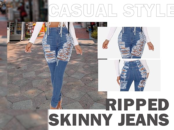 Women''s Skinny Stretch Jeans Frayed Raw Hem Slim Fit Jeans Ripped Denim Pants