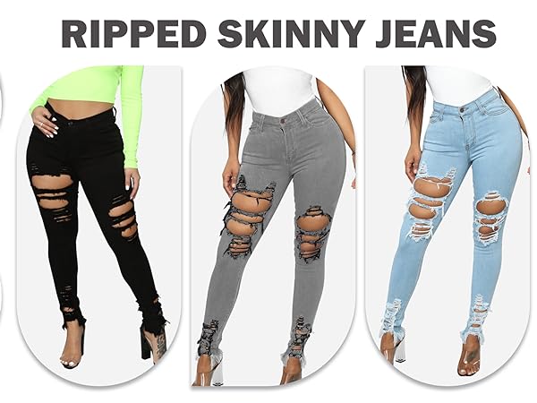 Women''s Skinny Stretch Jeans Frayed Raw Hem Slim Fit Jeans Ripped Denim Pants