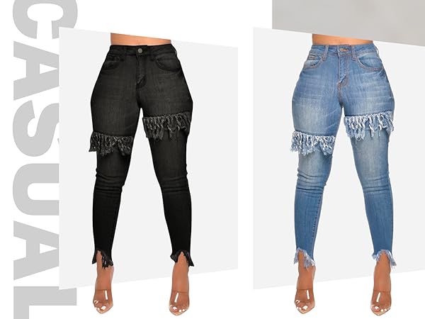 Women''s Skinny Stretch Jeans Frayed Raw Hem Slim Fit Jeans Ripped Denim Pants