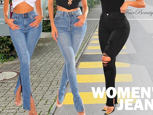 Women''s Skinny Stretch Jeans Frayed Raw Hem Slim Fit Jeans Ripped Denim Pants