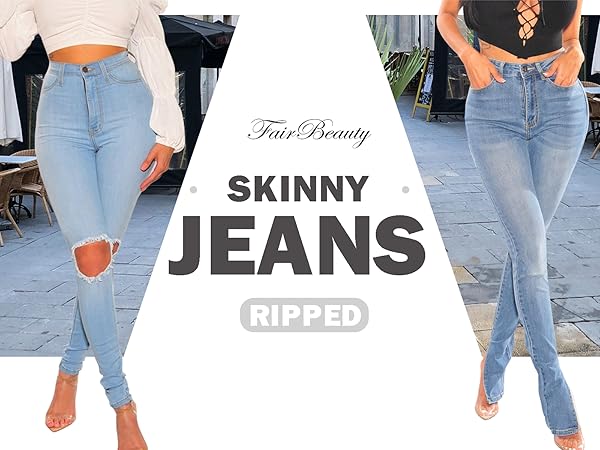 Women''s Skinny Stretch Jeans Frayed Raw Hem Slim Fit Jeans Ripped Denim Pants