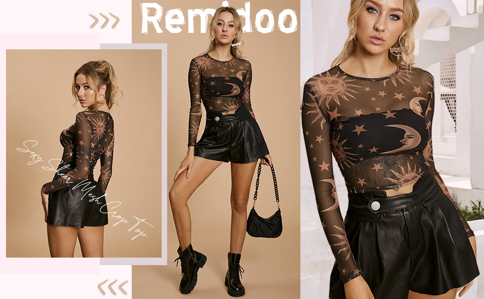 Long Sleeve Crewneck Sexy Sheer Mesh Crop Top