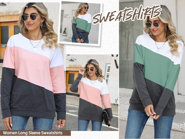 Women&#39;s Casual Long Sleeve Color Block/Solid Tops Crewneck Sweatshirts