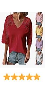 3 4 Sleeve Lace Top V Neck Shirts-B0BZRLNVSY