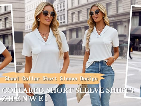 Womens Short Sleeve Polo Shirts Business Casual V Neck Collared Tops