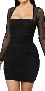 Womens Sexy Sheer Mesh Long Sleeve Square Neck Ruched Bodycon Mini Club Dress