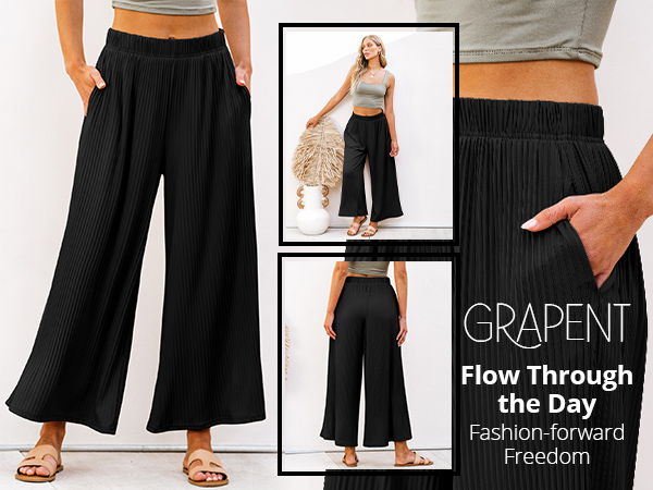 Wide Leg Pants High Waisted Flowy Pull On Pleated Dressy Casual Ankle Cropped Palazzo Pants Culottes