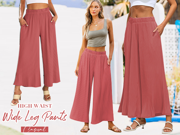 Wide Leg Pants High Waisted Flowy Pull On Pleated Dressy Casual Ankle Cropped Palazzo Pants Culottes