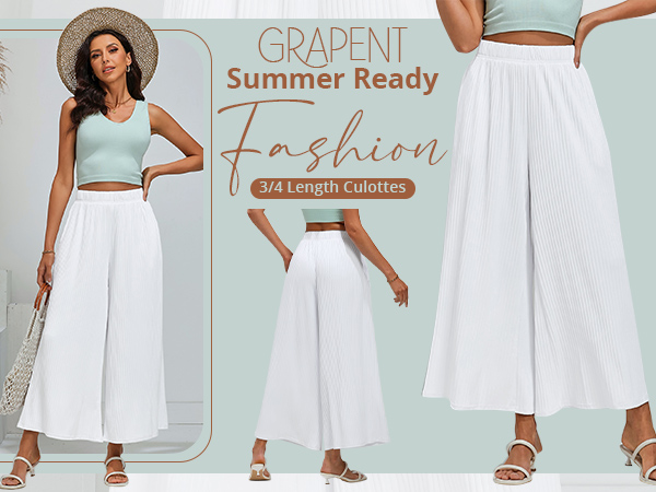 Wide Leg Pants High Waisted Flowy Pull On Pleated Dressy Casual Ankle Cropped Palazzo Pants Culottes