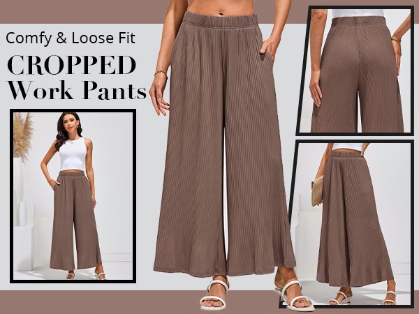 Wide Leg Pants High Waisted Flowy Pull On Pleated Dressy Casual Ankle Cropped Palazzo Pants Culottes