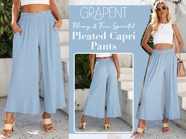 Wide Leg Pants High Waisted Flowy Pull On Pleated Dressy Casual Ankle Cropped Palazzo Pants Culottes