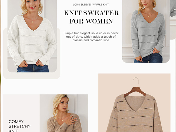 Sweaters Women Long Sleeve Crochet Tops  Spring Fashion Light Loose Knit Sexy V Neck Fall Clothes