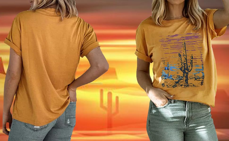 Cactus T-Shirt for Women Funny Cowgirl Sunset Graphic Tees Western Style Casual Shirt Top