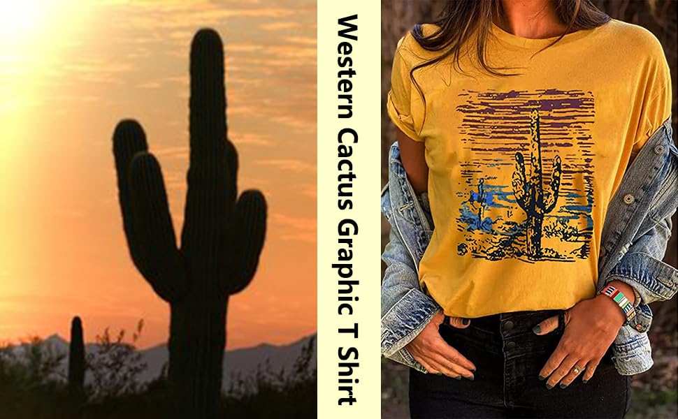 Womens Western Style Desert Cactus Casual Tops Tees Cactus Retro Sunset Graphic Cowboy Tee Tops