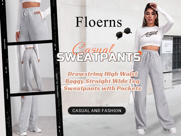  Floerns Women''s Causal Drawstring High Waist Baggy Straight Wide Leg Sweatpants with Pockets