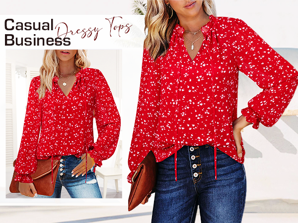 womens casual print v neck ruffle long sleeve fall shirt tops loose blouses work office business