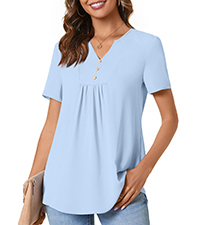 Anydeer Women Summer Tunic Top Chiffon Henley Shirts Pleated Casual Woven Short Sleeve Button Blouse