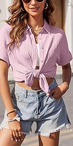 Women''s Button-Down Casual Short-Sleeve Shirt with Textured Collar Suitable for Summer Work Attire