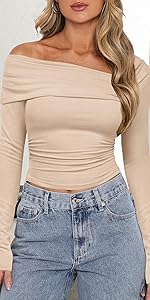 Women&#39;s One Off Shoulder Long Sleeve Crop Top Ruched Going Out Tops Slim Fit Shirt