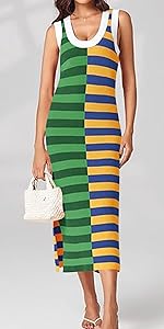 Women''s Summer Striped Knit Bodycon Dress Square Neck Side Sexy Maxi Beach Vacation Long Dress