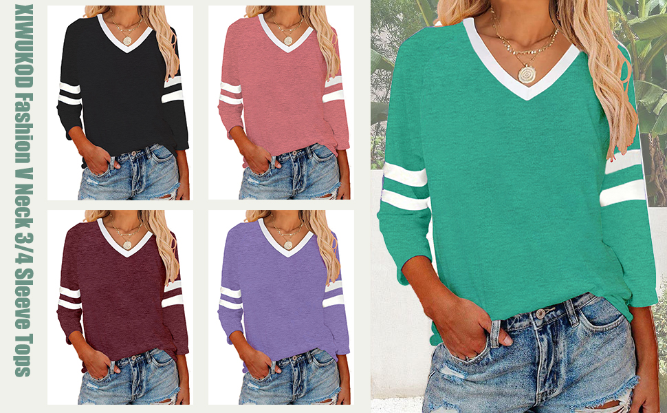 Womens Tops V Neck Color Block Tee Striped Tunics 3/4 Sleeve Fashion Comfy Shirt