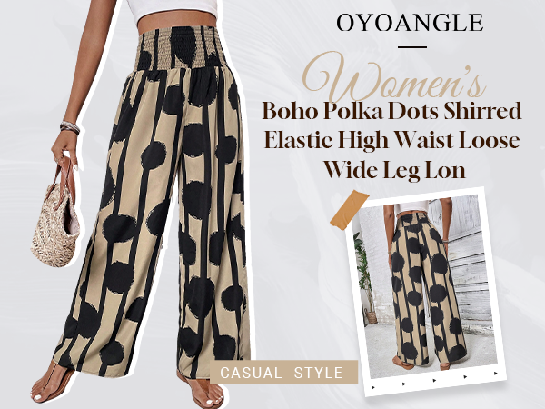 Women''s Boho Polka Dots Shirred Elastic High Waist Loose Wide Leg Long Pants