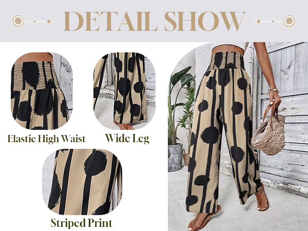 Women''s Boho Polka Dots Shirred Elastic High Waist Loose Wide Leg Long Pants