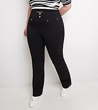 Model wears black plus size pant with sneakers and a striped top