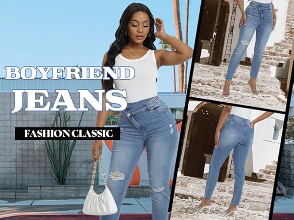 Boyfriend Jeans Distressed Skinny Stretchy Denim Pants