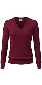 V-Neck Long Sleeve Solid Basic Soft Stretch Pullover Knit Sweater