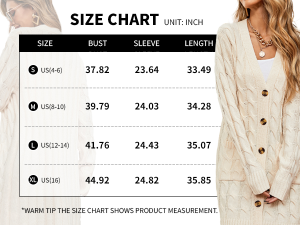 size chart for disi womens cardigan