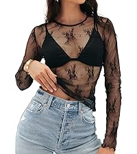 Womens Mesh Sheer Long Sleeve See Through Shirt Tops