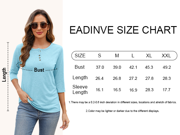 Womens Crew Neck 3/4 Sleeve Tops Basic Button T-Shirts Solid Loose Cute Tunic Tee Blouses