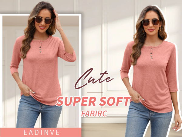 Womens Crew Neck 3/4 Sleeve Tops Basic Button T-Shirts Solid Loose Cute Tunic Tee Blouses