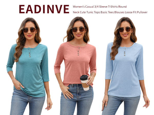 Womens Crew Neck 3/4 Sleeve Tops Basic Button T-Shirts Solid Loose Cute Tunic Tee Blouses