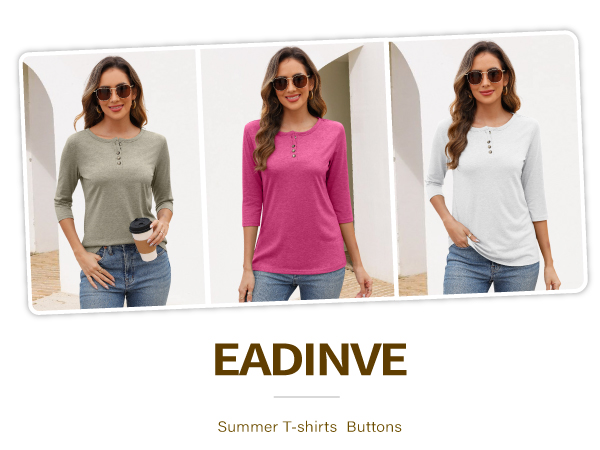 Womens Crew Neck 3/4 Sleeve Tops Basic Button T-Shirts Solid Loose Cute Tunic Tee Blouses