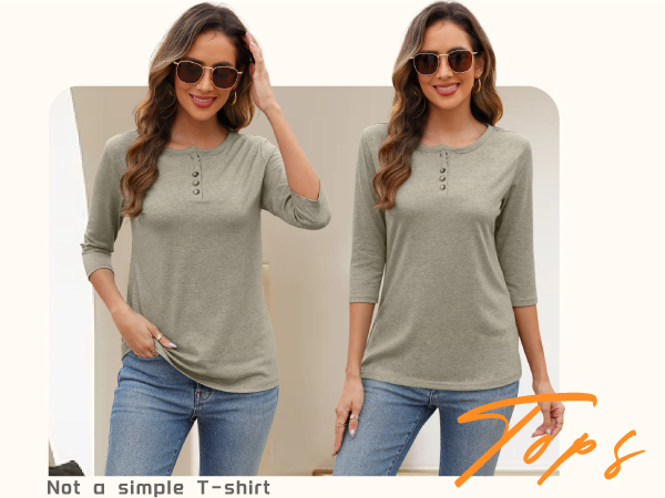 Womens Crew Neck 3/4 Sleeve Tops Basic Button T-Shirts Solid Loose Cute Tunic Tee Blouses